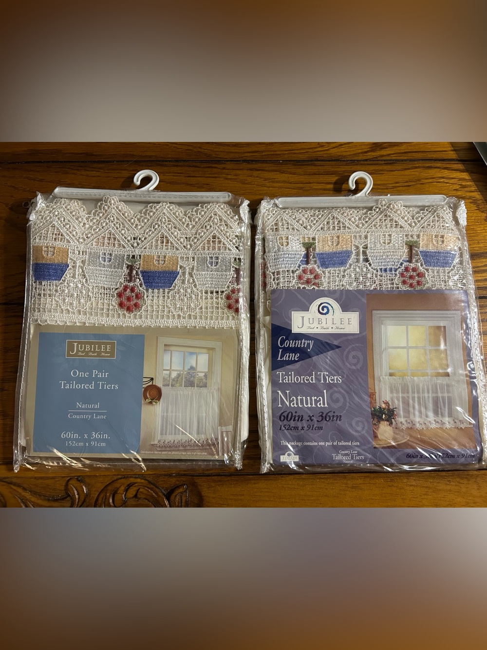 Country Lane Natural Tailored Tiers Lace Valance - Natural. 2 sets